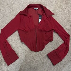 NWT Fashion Nova Secrets Out Mesh Sleeve Corset Red Burgundy Sz L Valentines